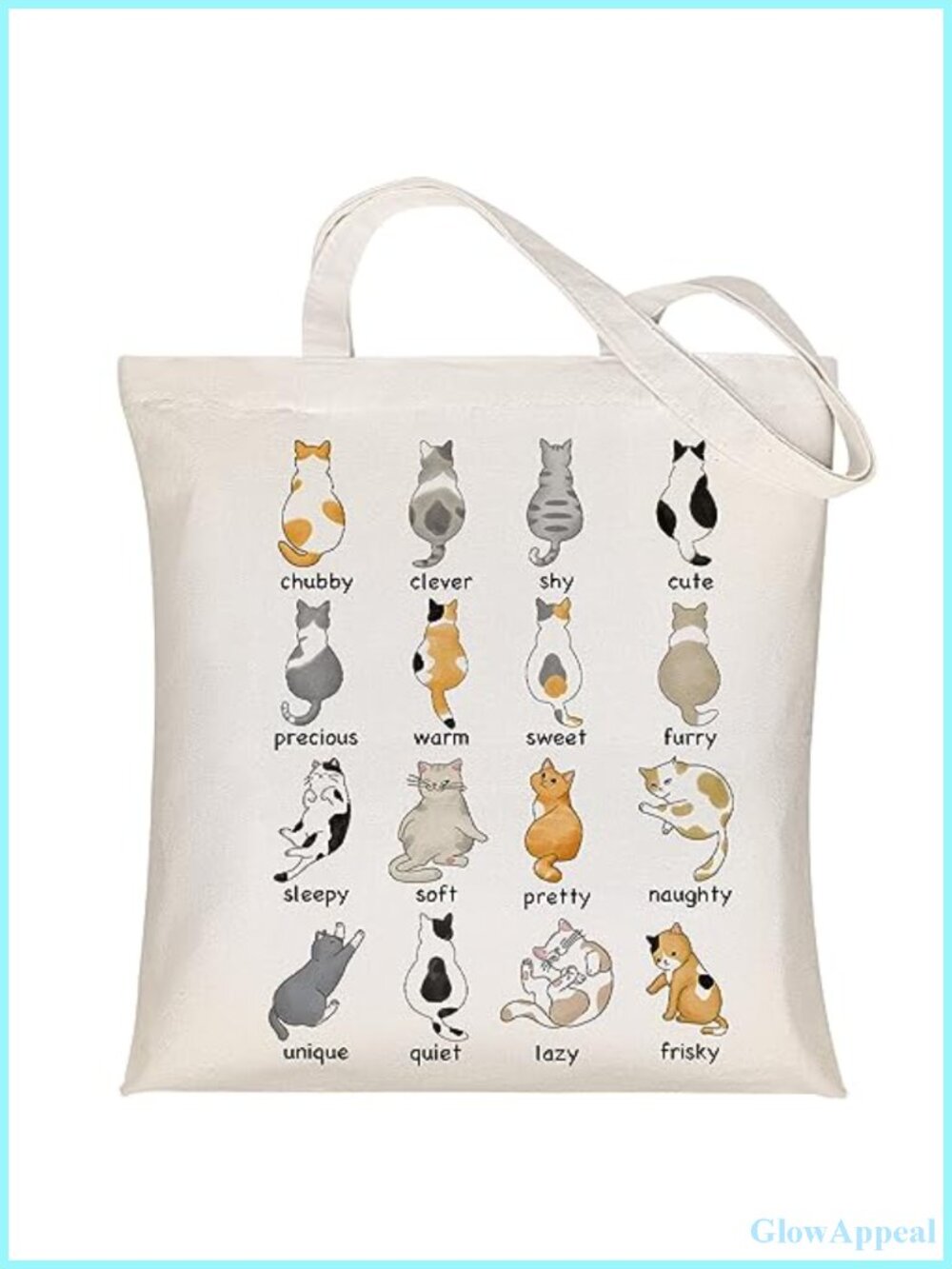 Canvas Tote Bag Women Cute Cat Zipper Pocket Large